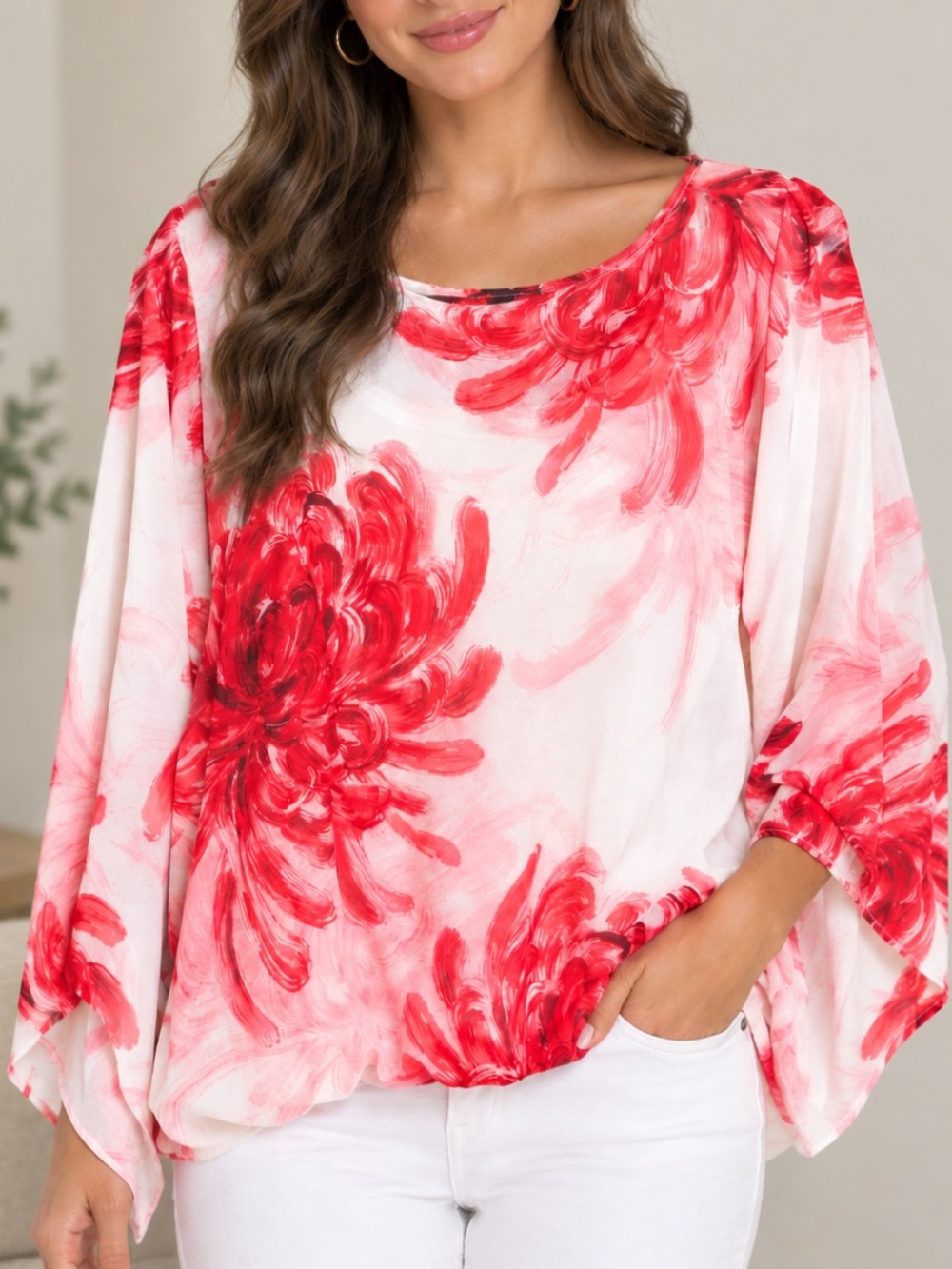 Red Floral Print Women's Batwing Sleeve Top- NWOT- Size 1X